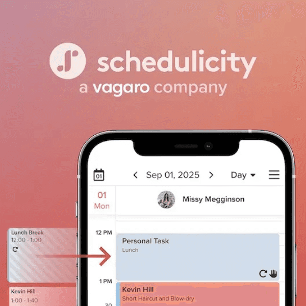 Schedulicity, a Vagaro company, displayed on a mobile interface with a scheduling feature for managing appointments and tasks.