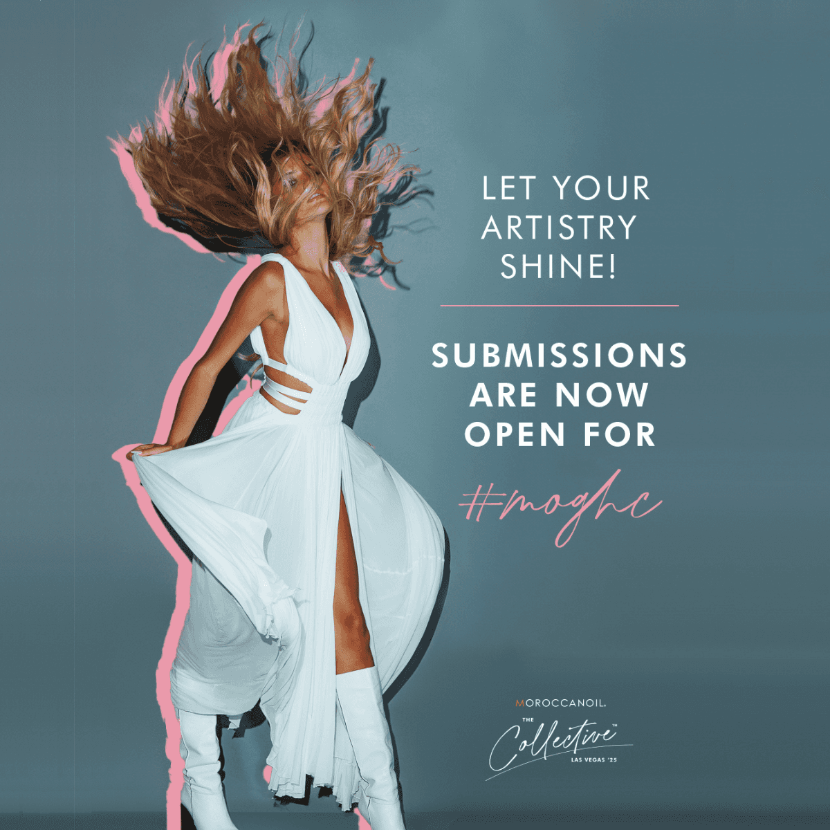 Woman in a flowing white dress with voluminous hair flips against a dark background. Text reads, "Submissions Are Now Open for #MOGHC".