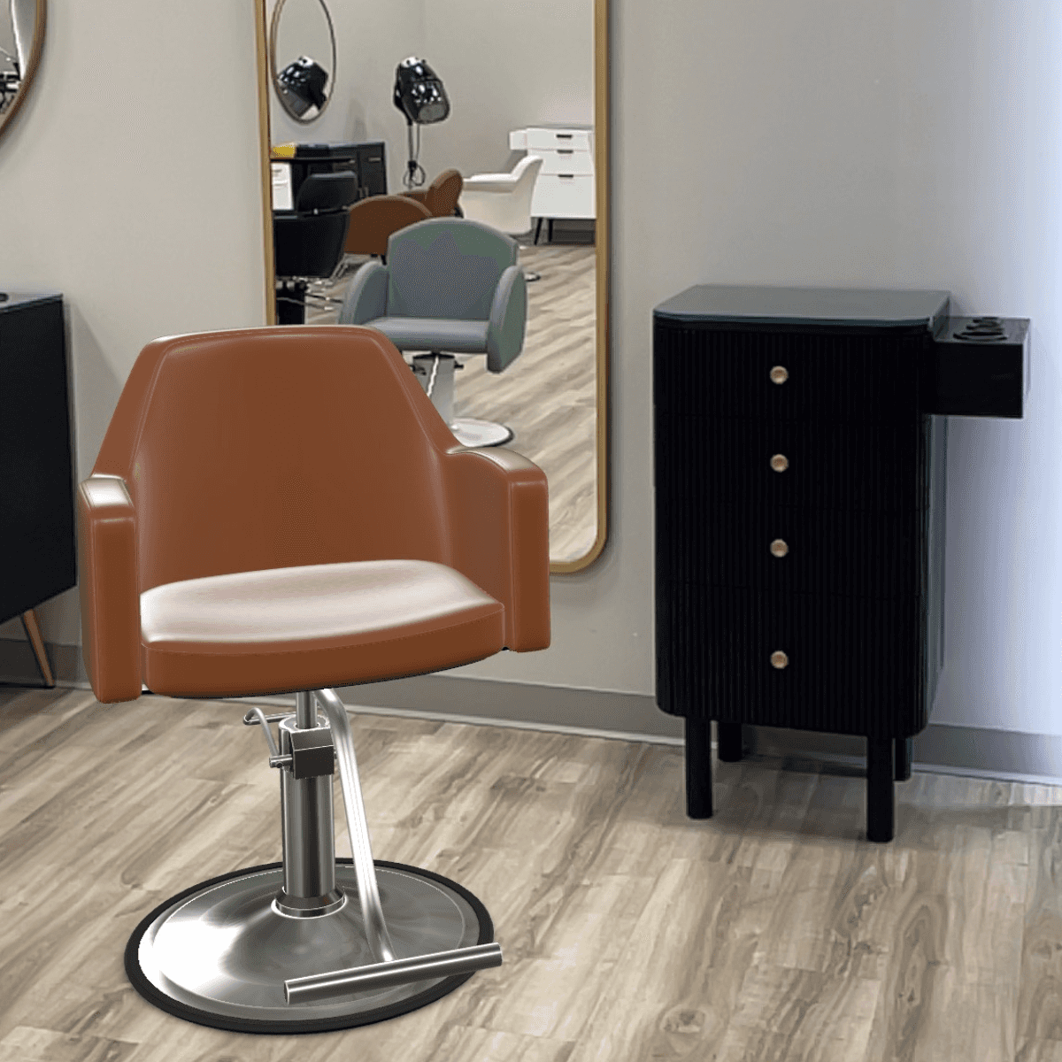 AR visualization of a brown salon chair placed in a modern salon setting using Minerva Beauty’s new 3D and augmented reality tool.