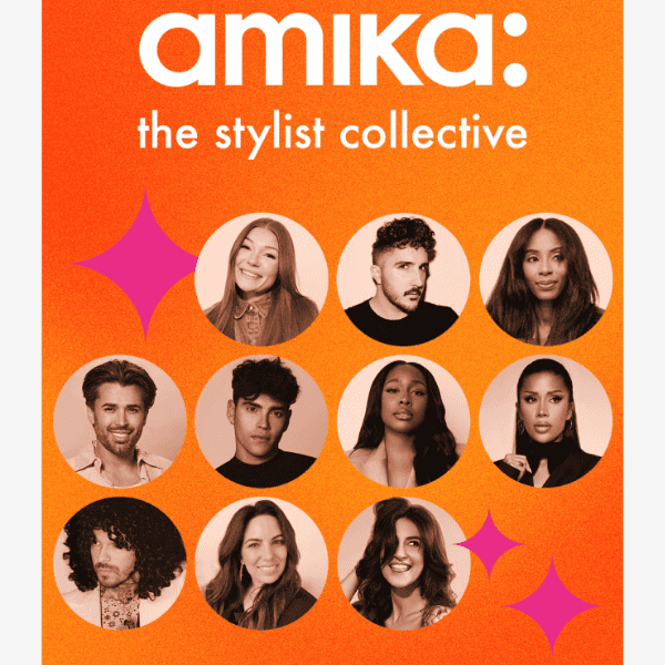 "amika: the stylist collective" graphic featuring ten hairstylists' portraits on an orange background with pink star accents.