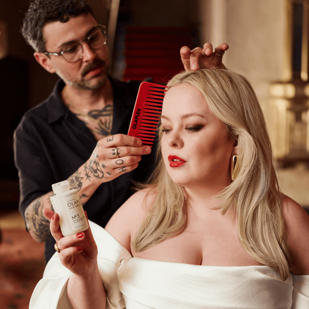 Nicola Coughlan styled for Olaplex’s Designed to Defy brand campaign shoot.