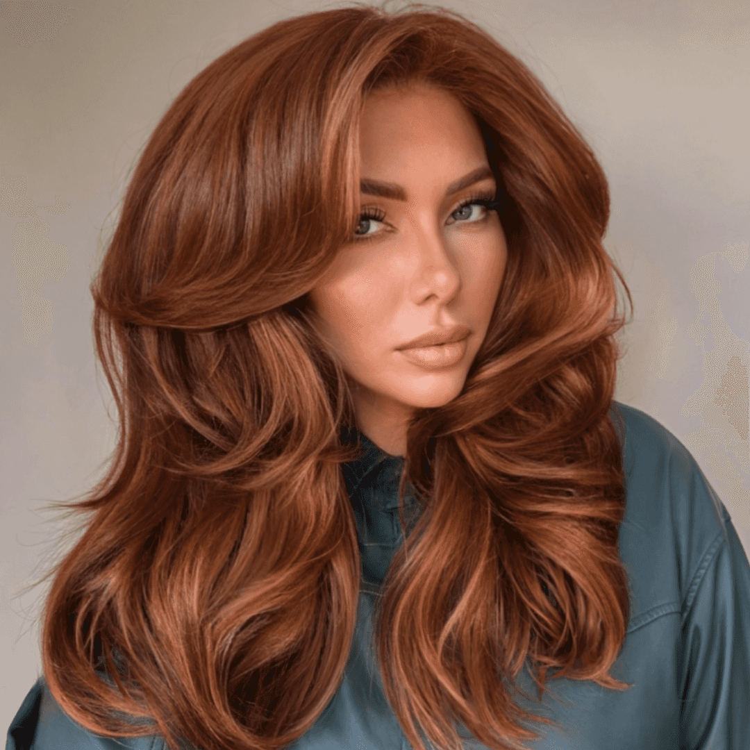 orange-bassed copper hair with a blowout