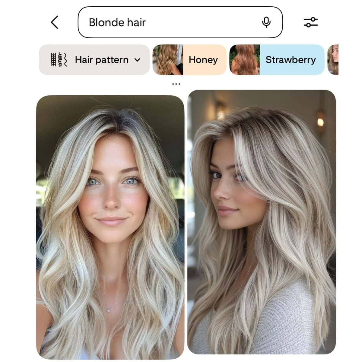 Two side-by-side photos of a woman with long, bright blonde hair styled in soft, layered waves. The color features creamy, dimensional tones with subtle lowlights, shown in a “Blonde hair” inspiration search with tags like “Honey” and “Strawberry.”