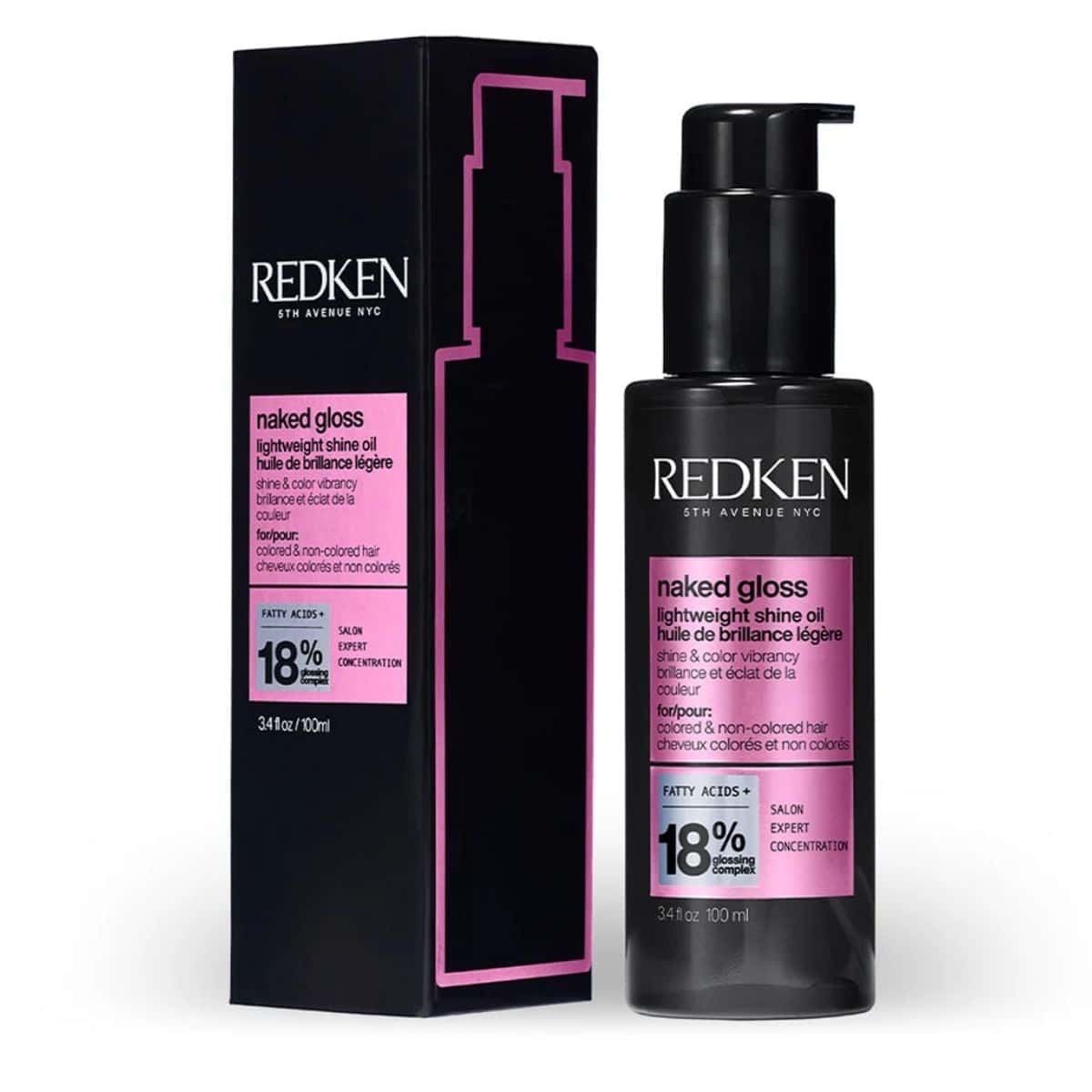 Redken Naked Gloss Lightweight Shine Oil in a black pump bottle with pink label, shown alongside its black and pink box packaging