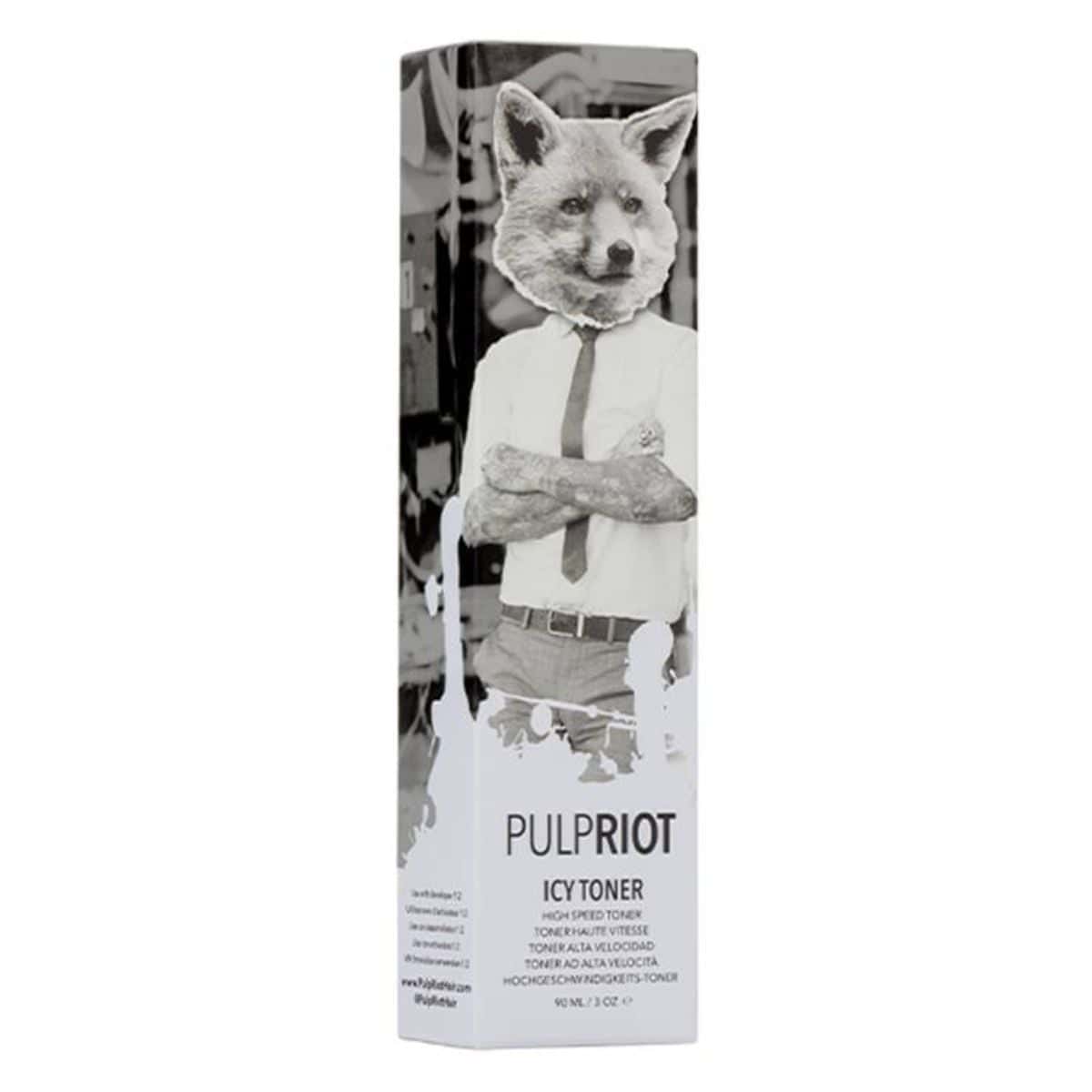 Pulp Riot Icy High-Speed Toner packaging featuring a black-and-white illustrated figure with a fox head, wearing a button-down shirt and tie.