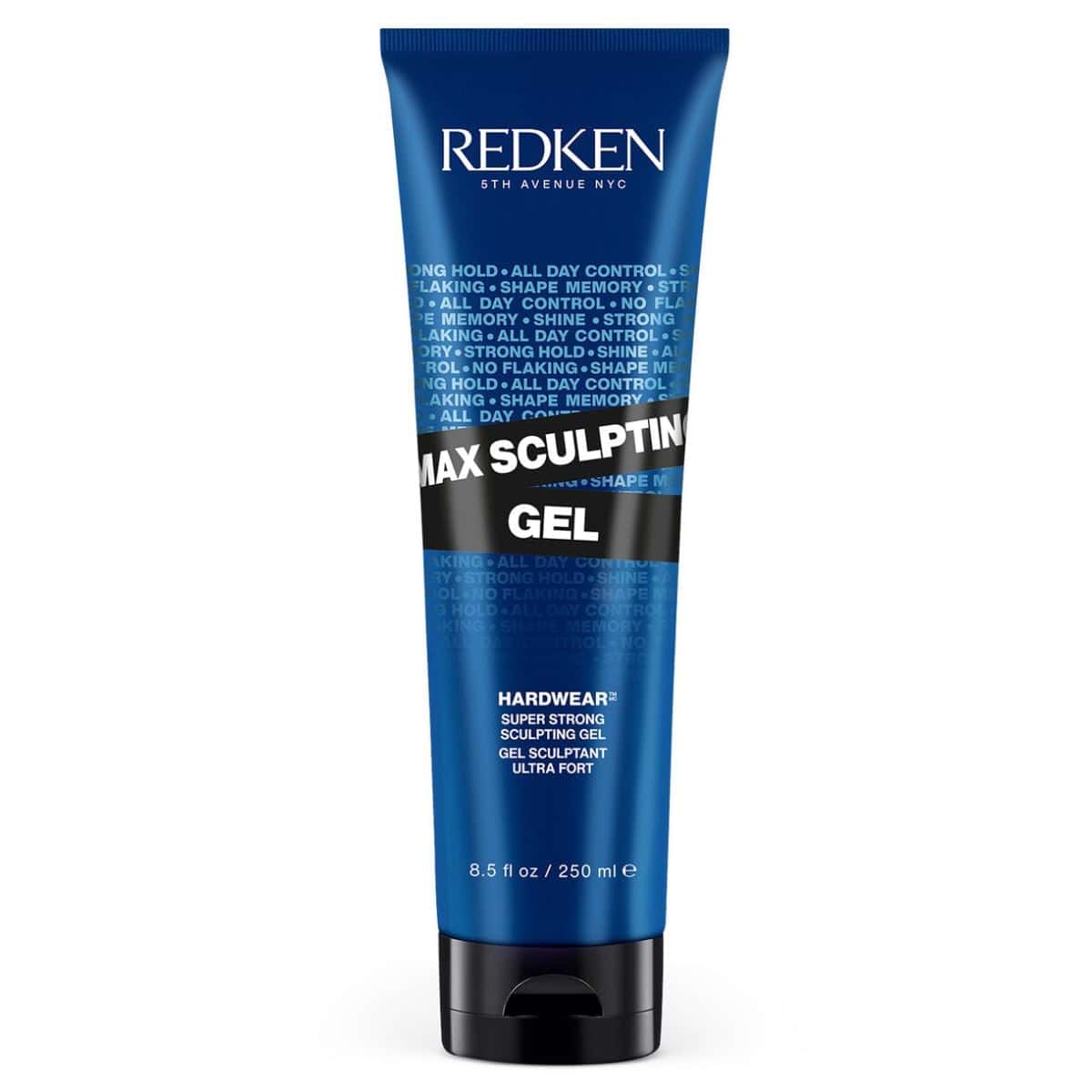 Redken Max Sculpting Gel in a blue tube with black cap, labeled “Hardwear Super Strong Sculpting Gel,” 8.5 fl oz.