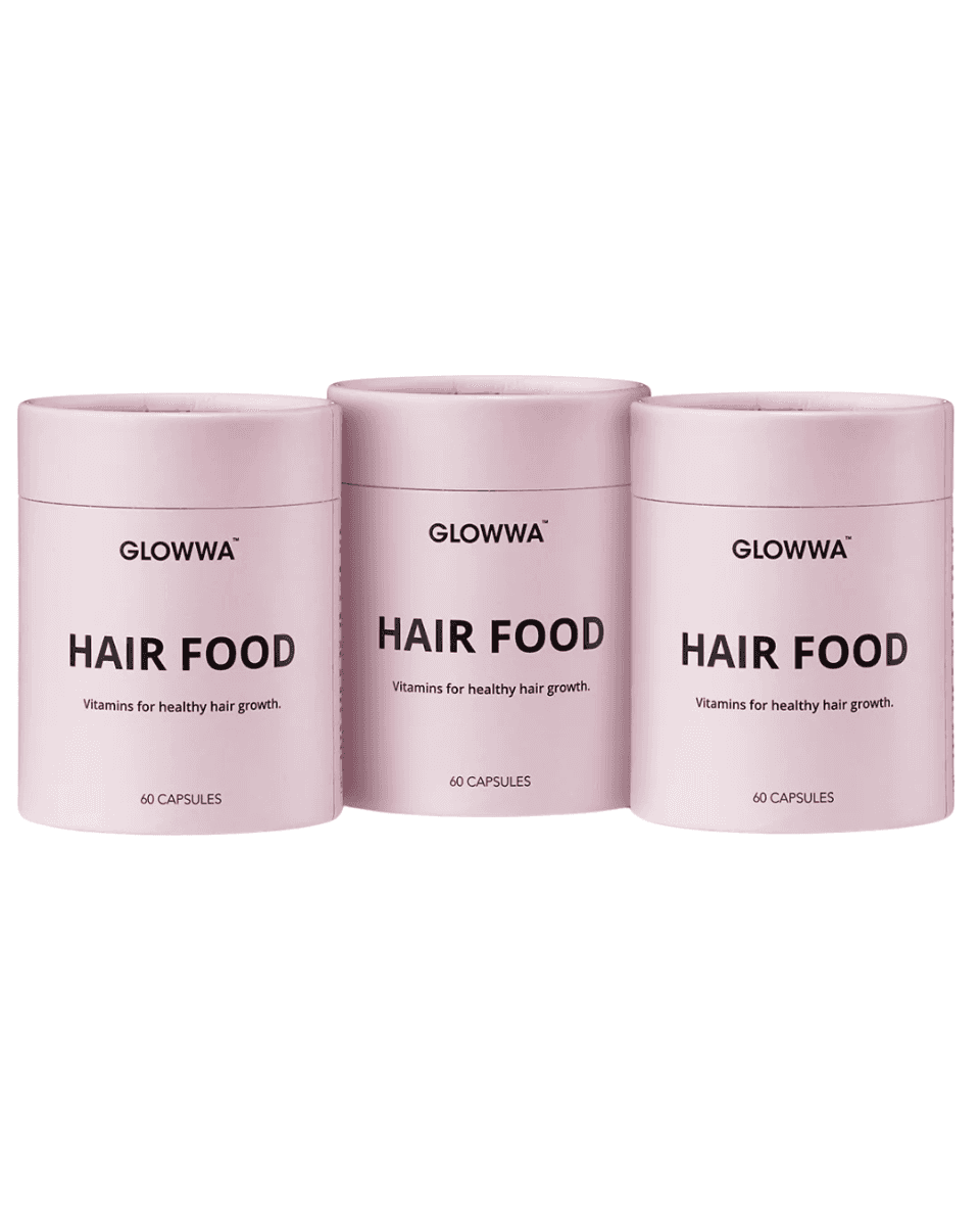 GLOWWA Hair Food supplement packaging in pink tubs, featuring three 60-capsule containers for healthy hair growth.
