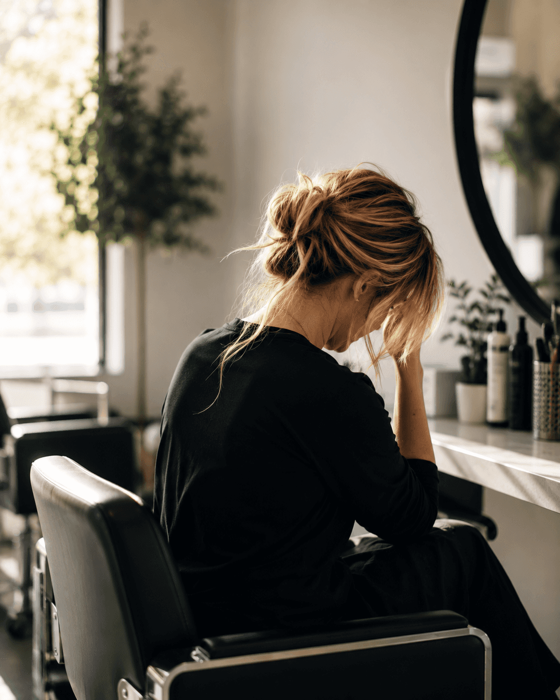 Contemplative moment in a salon studio woman looking sad with head in hands