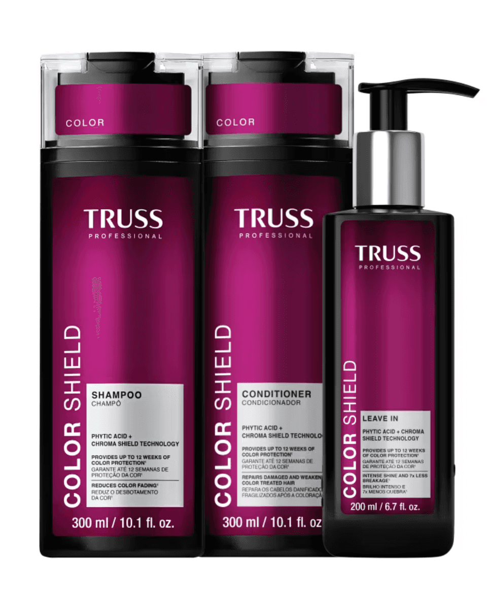 TRUSS Professional Color Shield Shampoo, Conditioner and Leave-In products in magenta and black packaging.