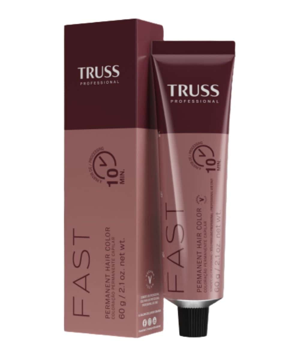TRUSS Professional FAST Permanent Hair Color box and tube, a 10-minute permanent color system in burgundy and rose-toned packaging.