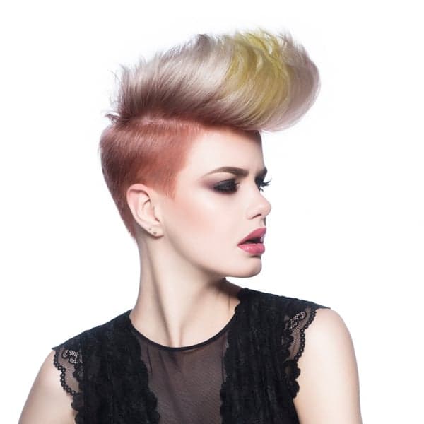 <p>Strong, sharp and powerful is the definition of this beautiful look. The short cut features interesting disconnections while the inspirational color combination fades from warm to cool tones. Together, the cut and color work harmoniously.</p>
