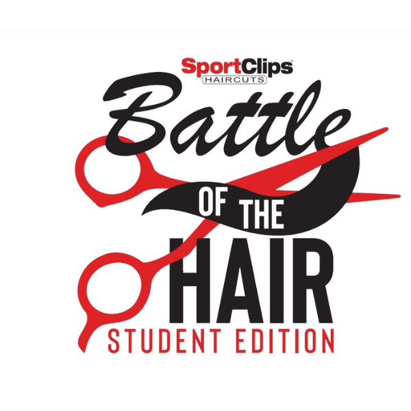 Sport Clips Haircuts logo with Battle of the Hair Student Edition on display with a bold red and black text with a sleek, modern design.