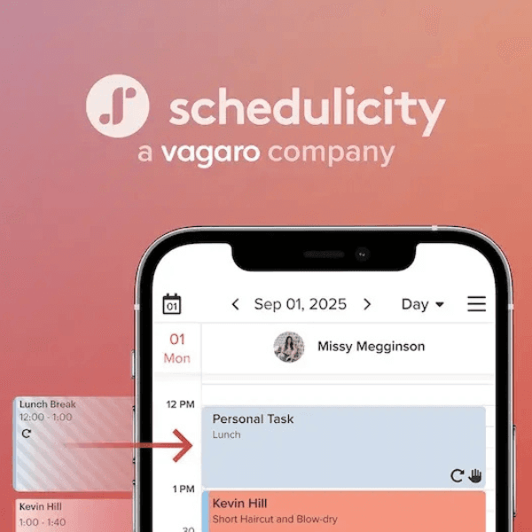 Schedulicity, a Vagaro company, displayed on a mobile interface with a scheduling feature for managing appointments and tasks.