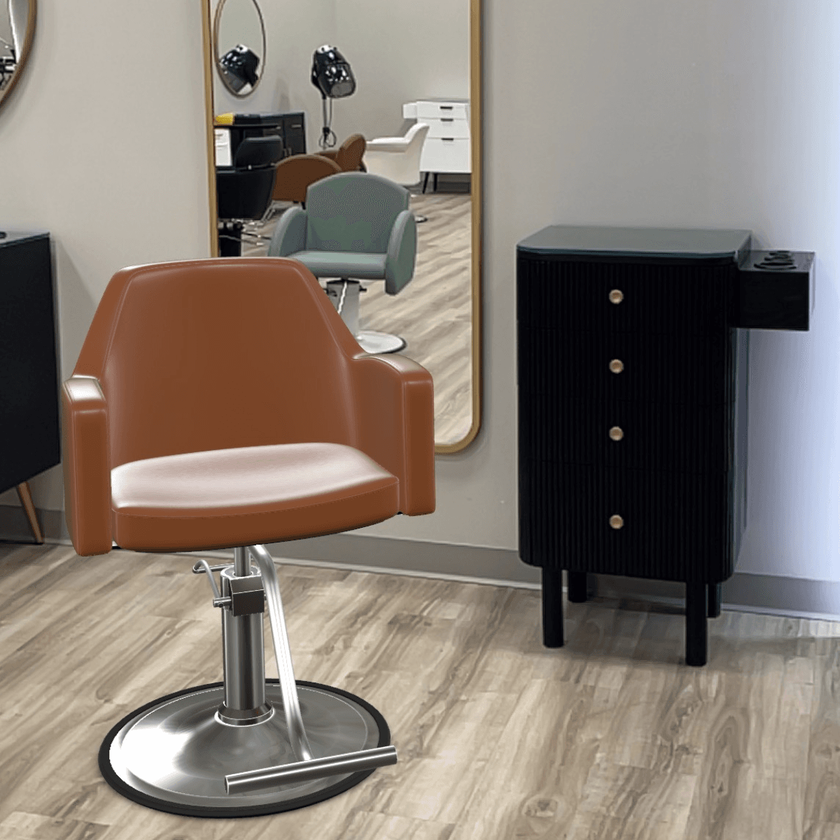 AR visualization of a brown salon chair placed in a modern salon setting using Minerva Beauty’s new 3D and augmented reality tool.