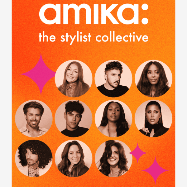 "amika: the stylist collective" graphic featuring ten hairstylists' portraits on an orange background with pink star accents.