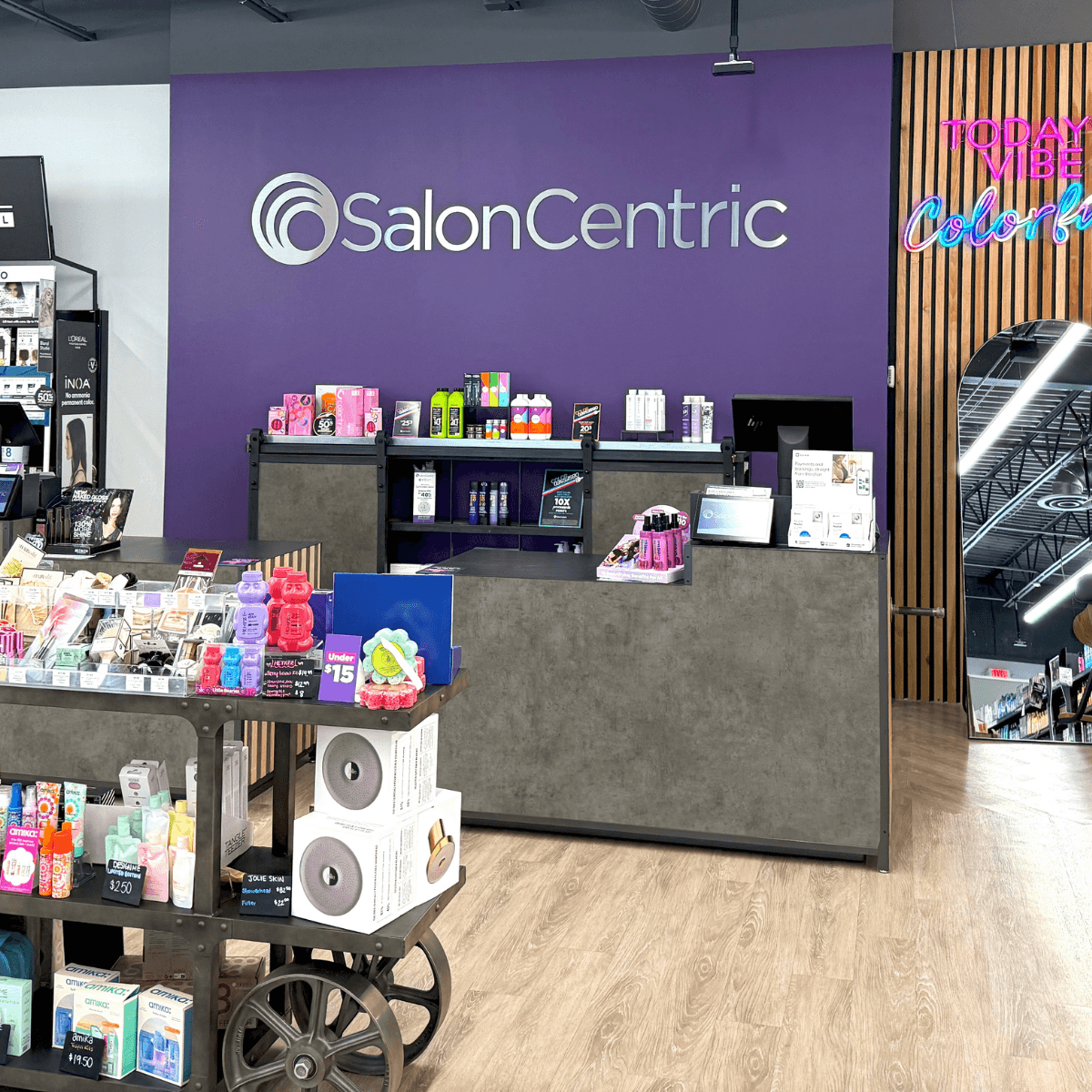 checkout desk with logo