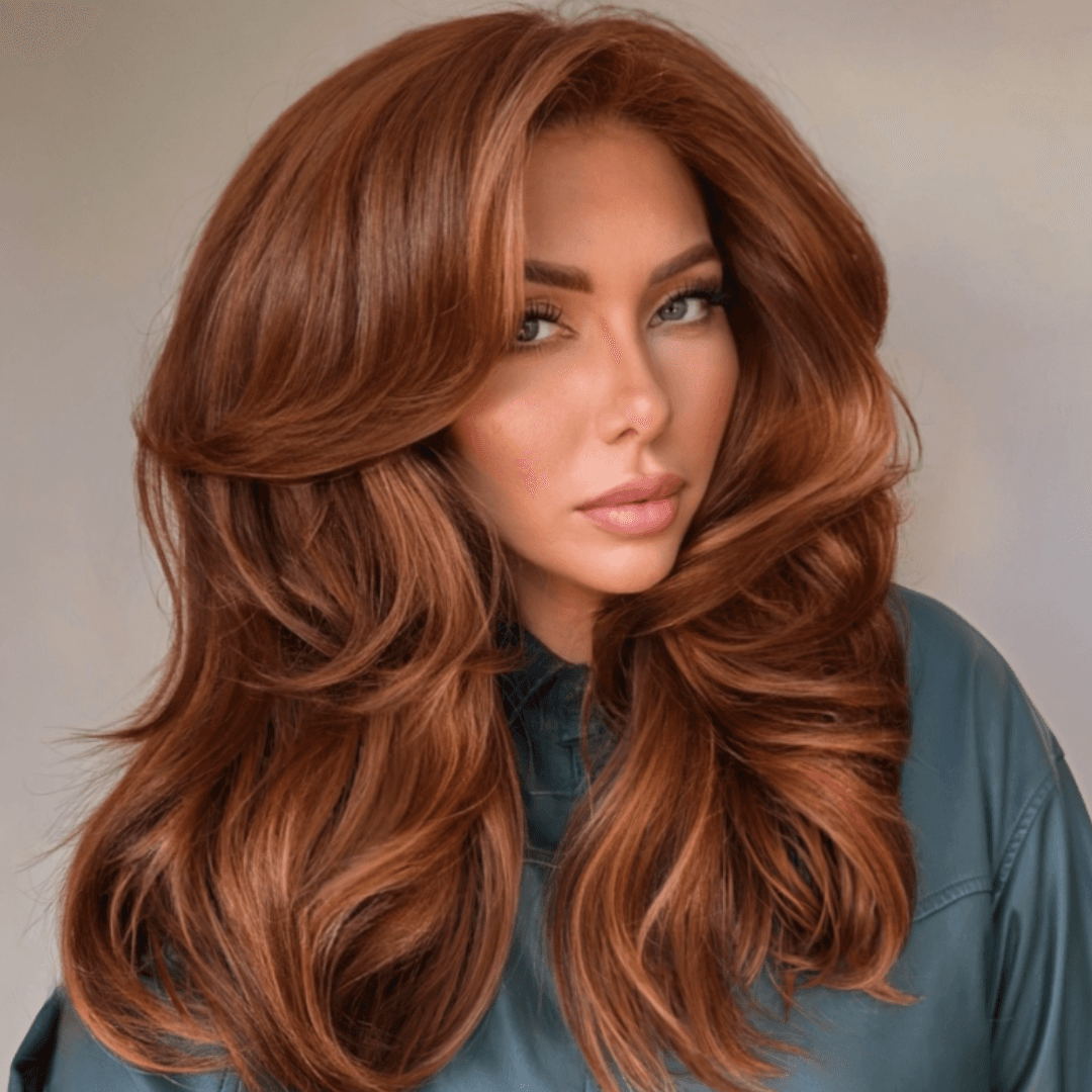 orange-bassed copper hair with a blowout