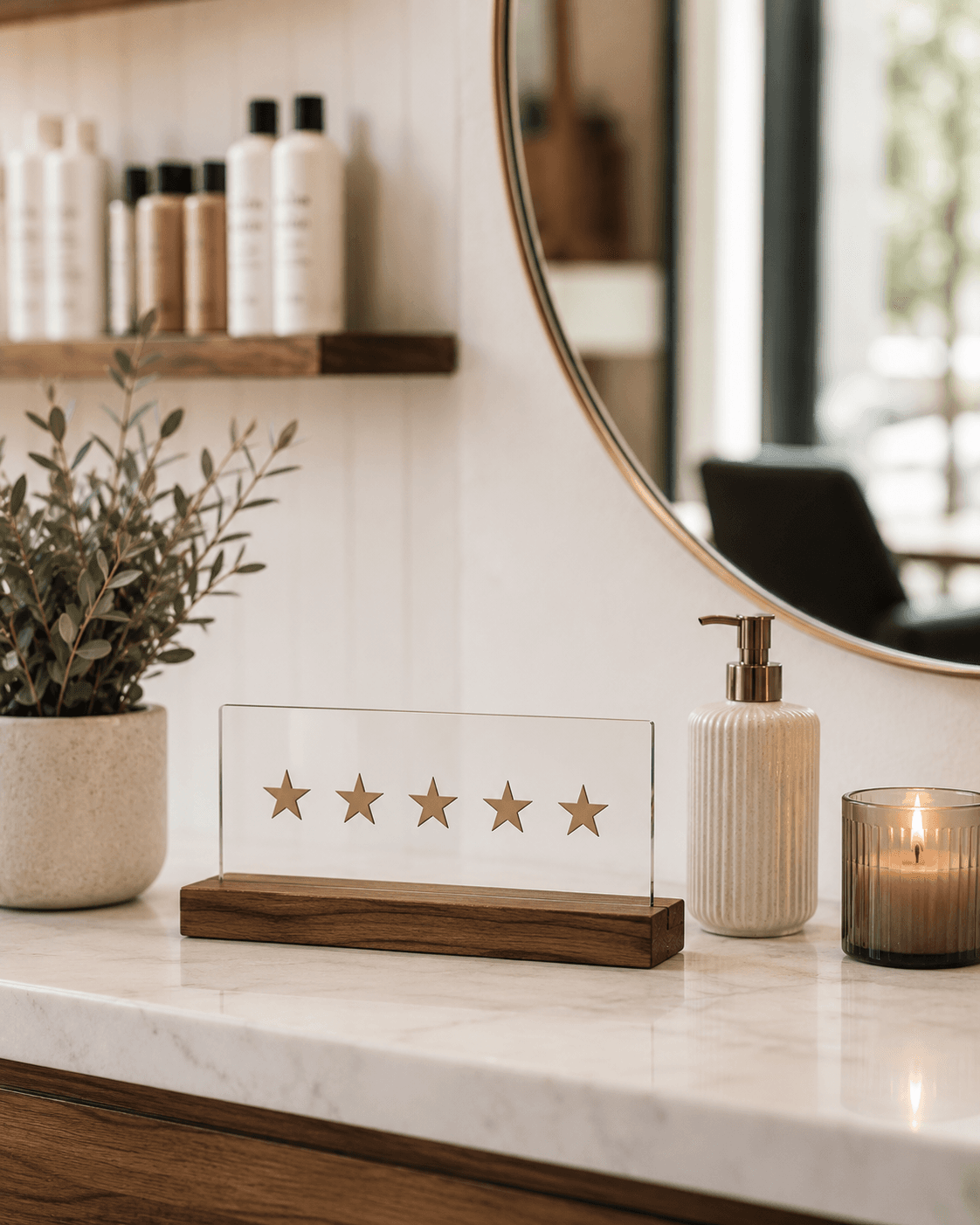 A five-star review acrylic sign displayed on a modern marble countertop inside a luxury hair salon, next to a ceramic vase with dried pampas grass, a lotion dispenser, and a burning candle.
