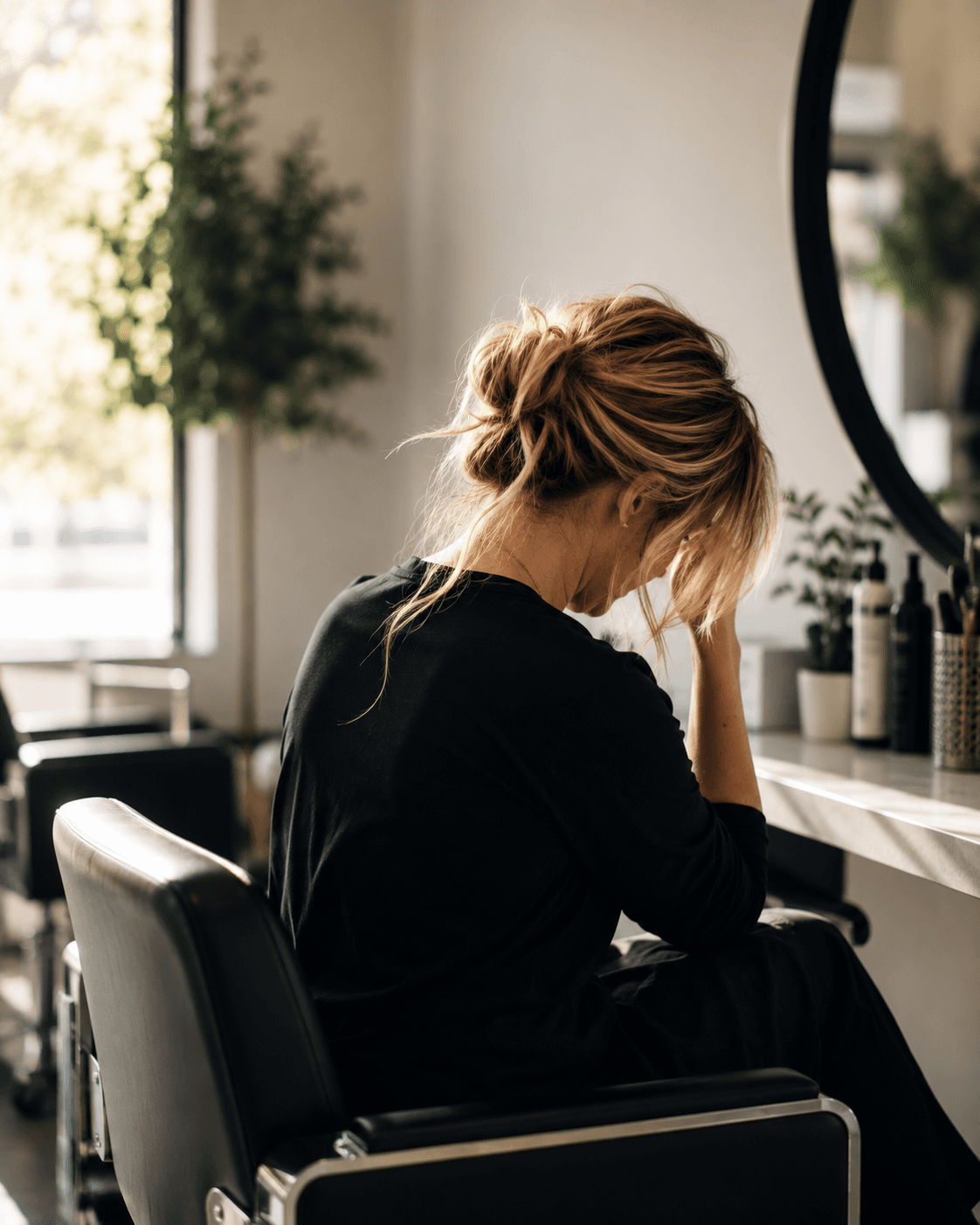 Contemplative moment in a salon studio woman looking sad with head in hands