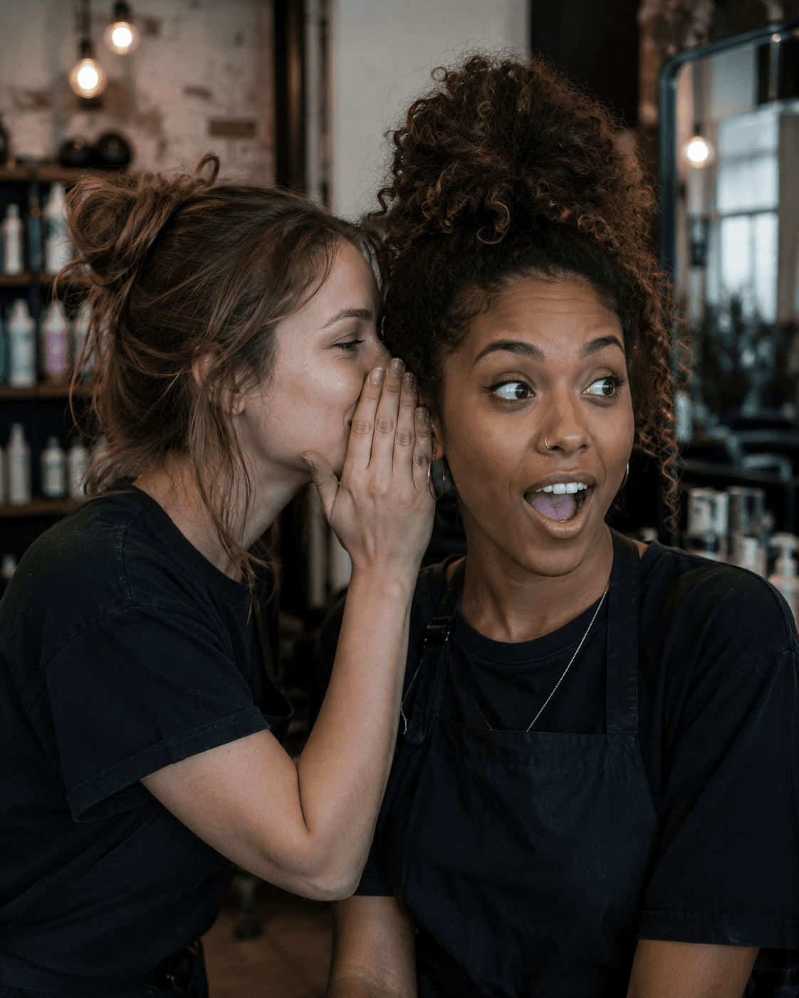 Two hairstylists in a salon share a secretive moment as one whispers into the other's ear. Surrounded by salon stations and hair products, the pair react with amused expressions, capturing the playful, behind-the-chair camaraderie of salon life.