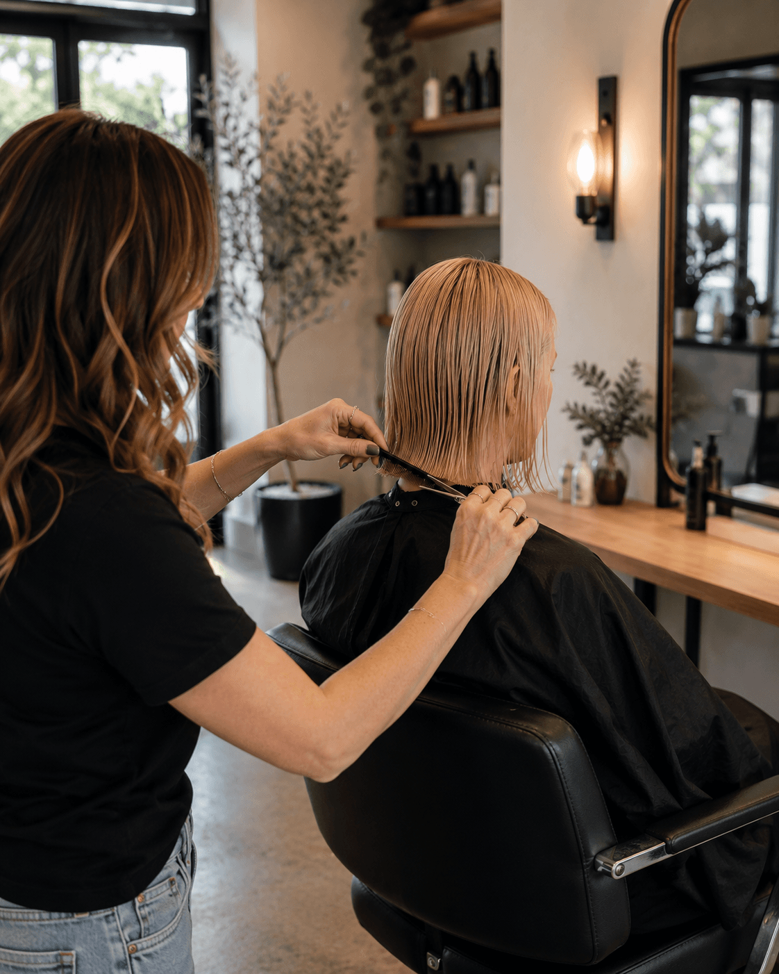 A hairstylist cuts a blonde client's wet bob haircut while the salon chair is turned away from the station mirror. The stylist uses a comb and scissors to shape the hair in a modern salon with warm lighting, natural wood accents and contemporary décor. The image illustrates a haircut in progress with the client positioned away from the mirror.