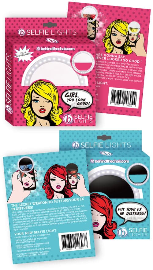The Selfie Light in its retail packaging, in black and in white