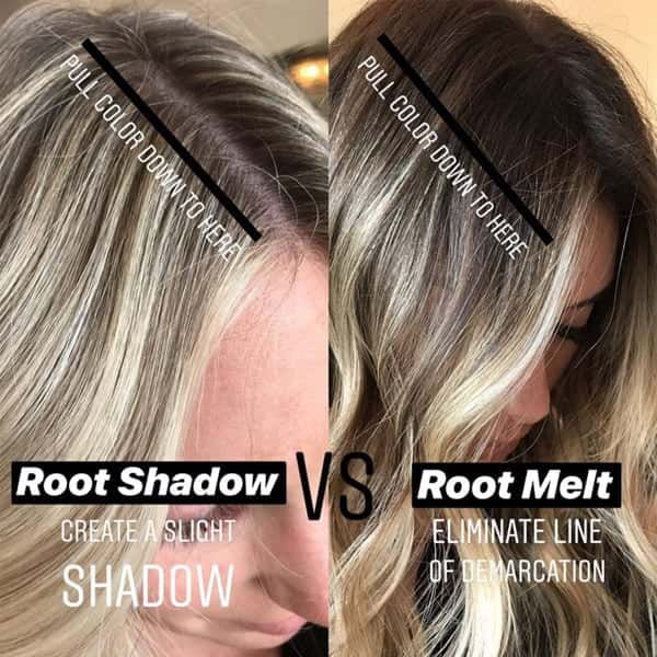 Root shadow vs. root melt comparison showing differences in blonde root blending