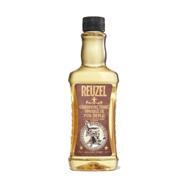 Reuzel Grooming Tonic on display in a clear bottle with a brown label