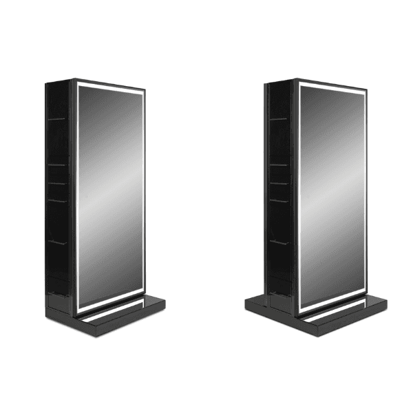 Black Genesis Single-Sided LED Styling Stations with full-length LED mirrors, storage drawers, and a modern design.