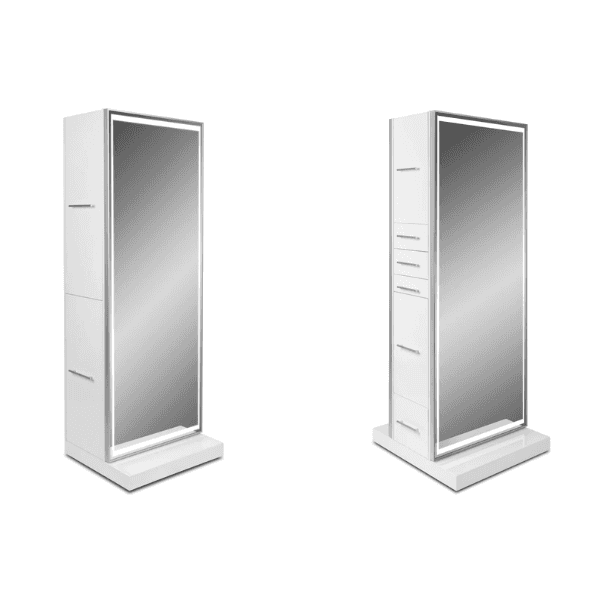 White Kamino Single-Sided LED Styling Stations with full-length LED mirrors, storage drawers, and a modern design.