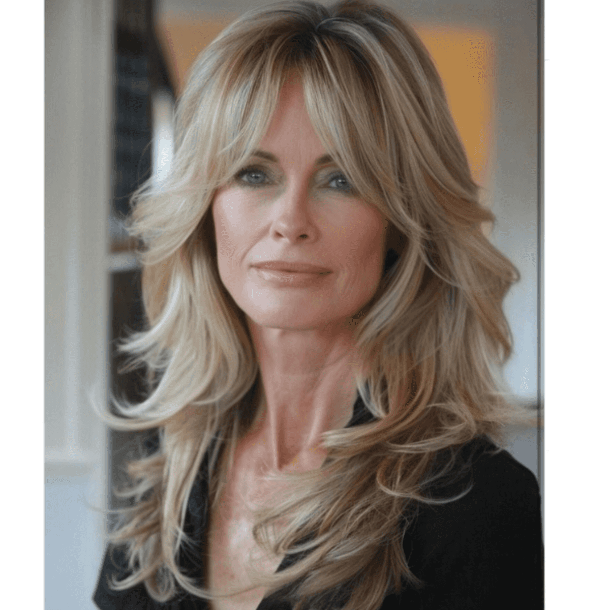 long blonde layers on a woman over 50