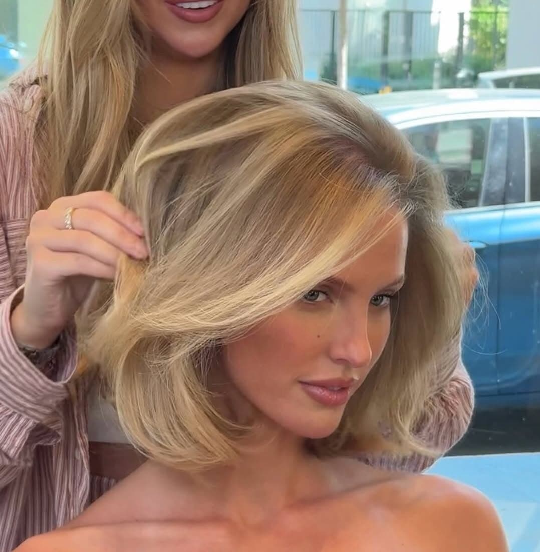 woman with blonde hair in bob old money blonde highlights with hair colorist suzi angelina