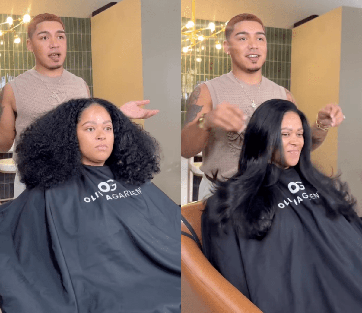 side by side before very curly hair after soft silky blowout