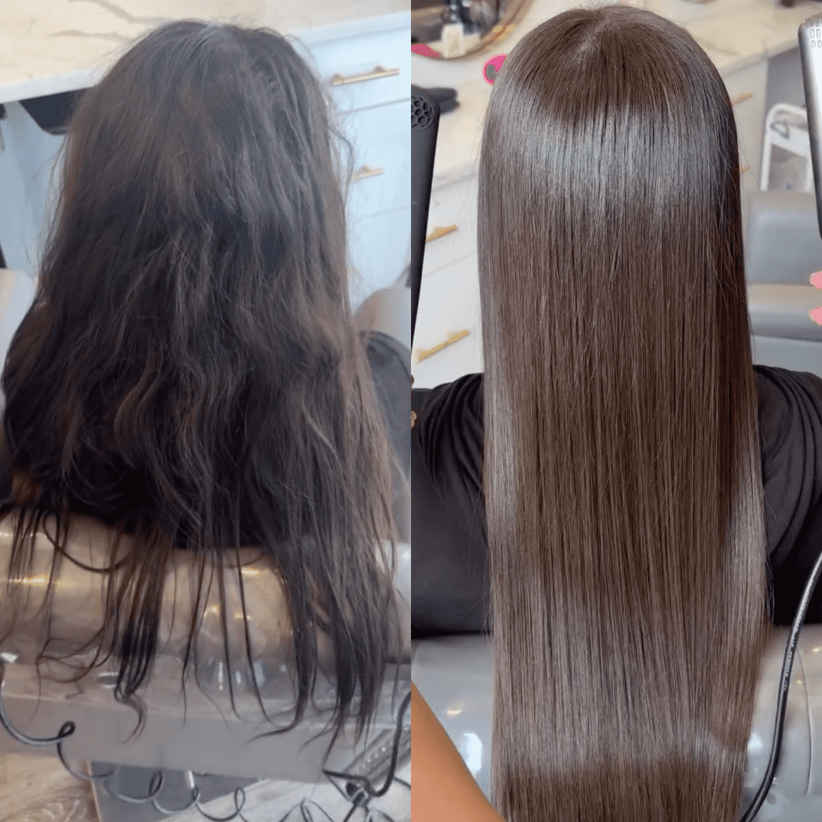 damaged frizzy hair on the left, glossy sleek smooth hair on the right