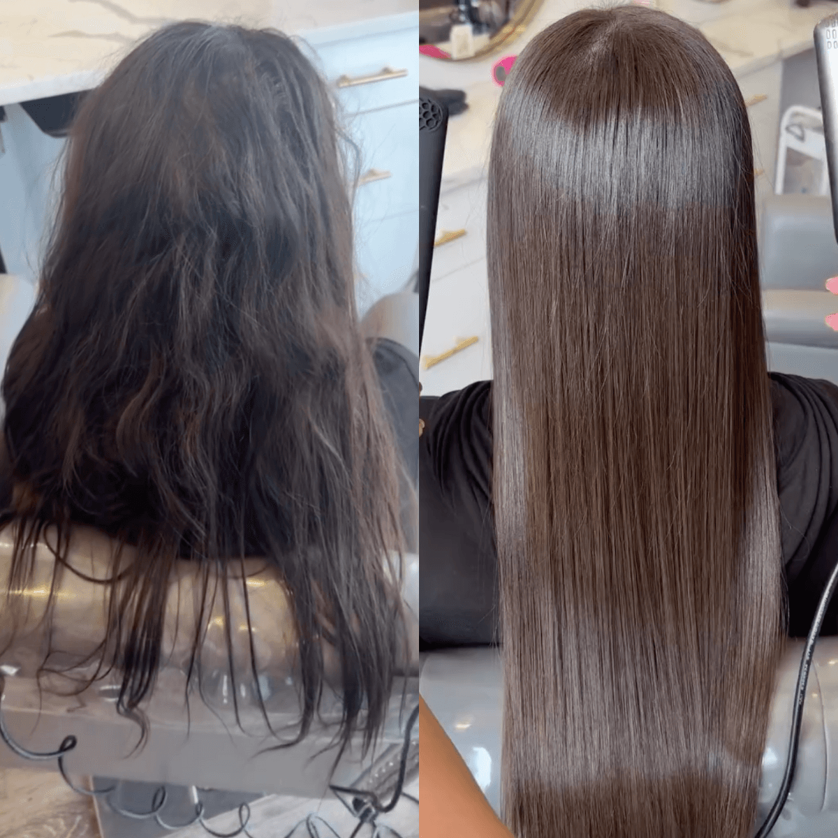 damaged frizzy hair on the left, glossy sleek smooth hair on the right