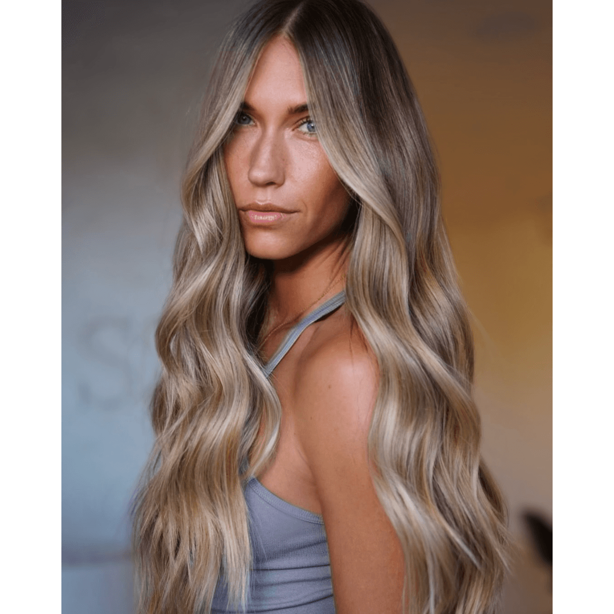 glossy dimensional bronde long waves
