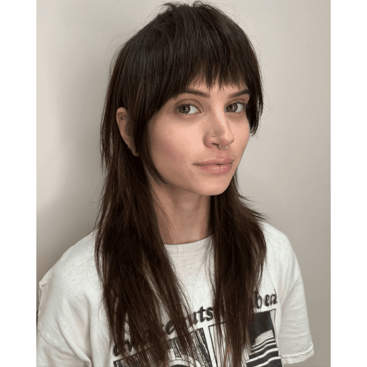 long brunette mullet on a woman