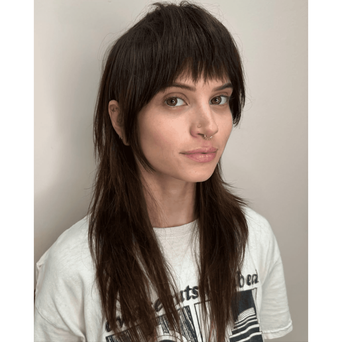 long brunette mullet on a woman