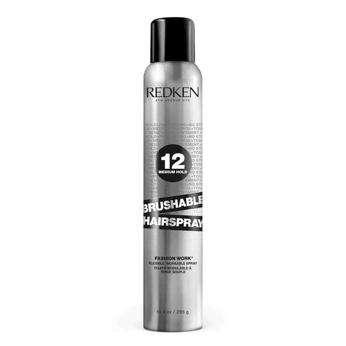 Redken Brushable Hairspray in a silver aerosol can with black cap, labeled ‘12 Medium Hold,’ designed for flexible, brushable hold and natural movement