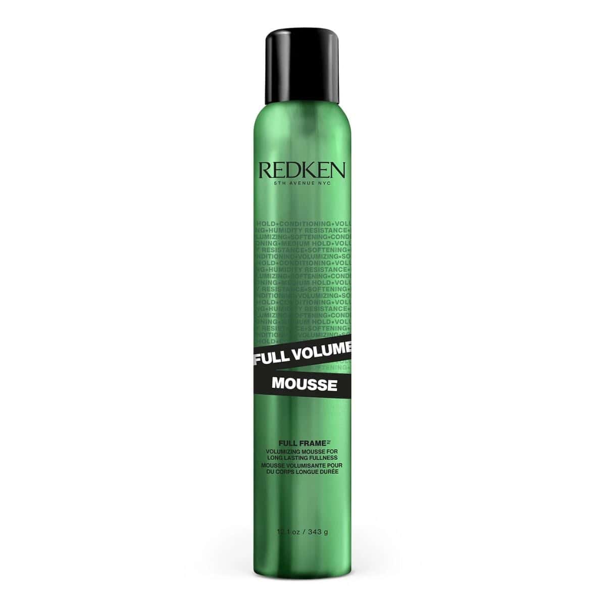 Redken Full Volume Mousse in a tall green aerosol can with black cap, labeled ‘Full Frame Volumizing Mousse’ for long-lasting fullness.