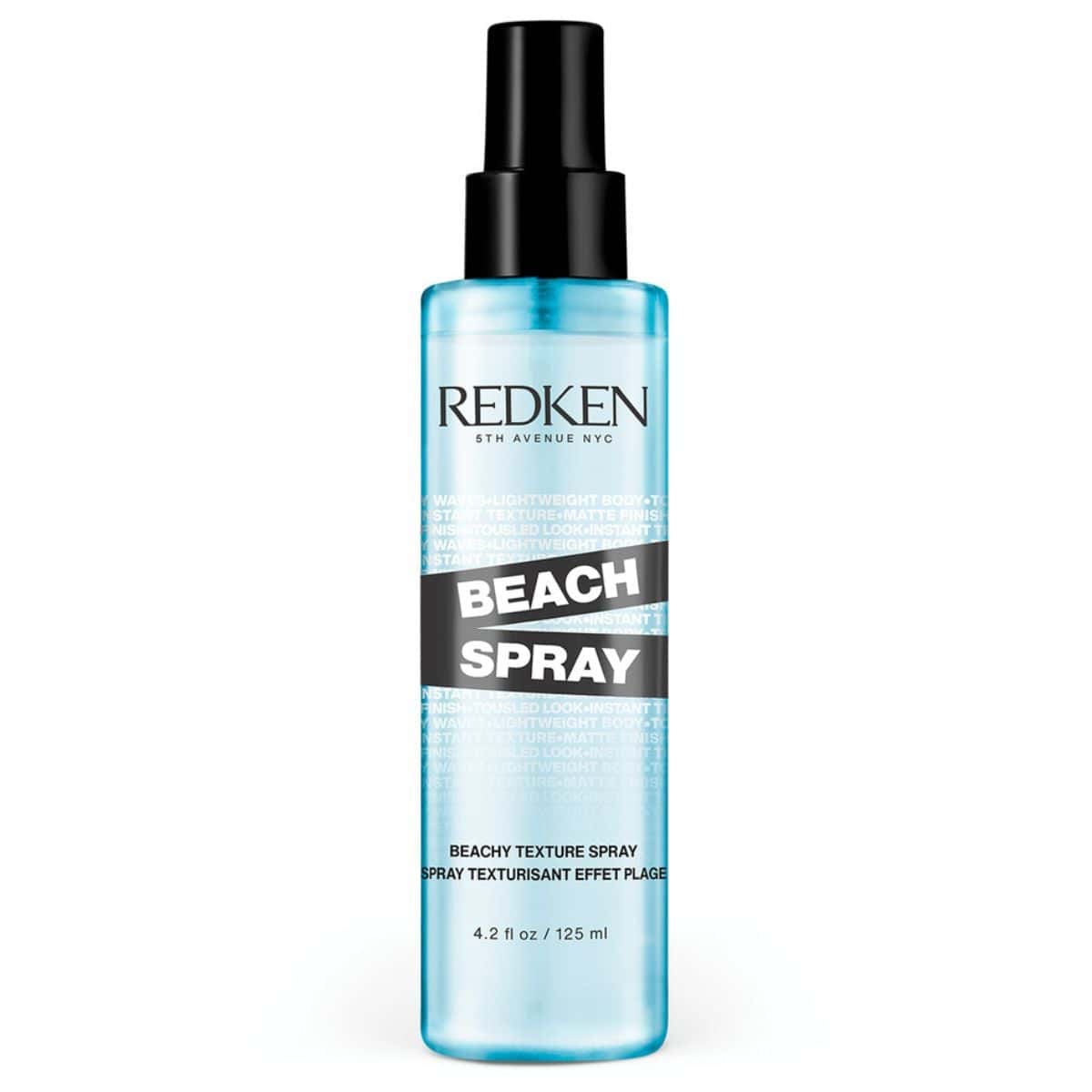 Redken Beach Spray in a clear blue spray bottle with black cap, labeled “Beach Spray,” 4.2 fl oz, for beachy texture and lightweight waves.