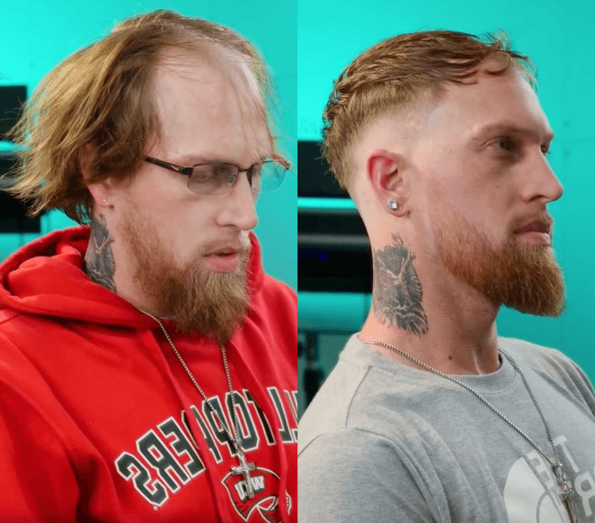 Best Men's Haircuts for Fine and Thinning Hair textured crop on red hair before and after man with beard Photo Credit Instagram via @grant_thebarber3g