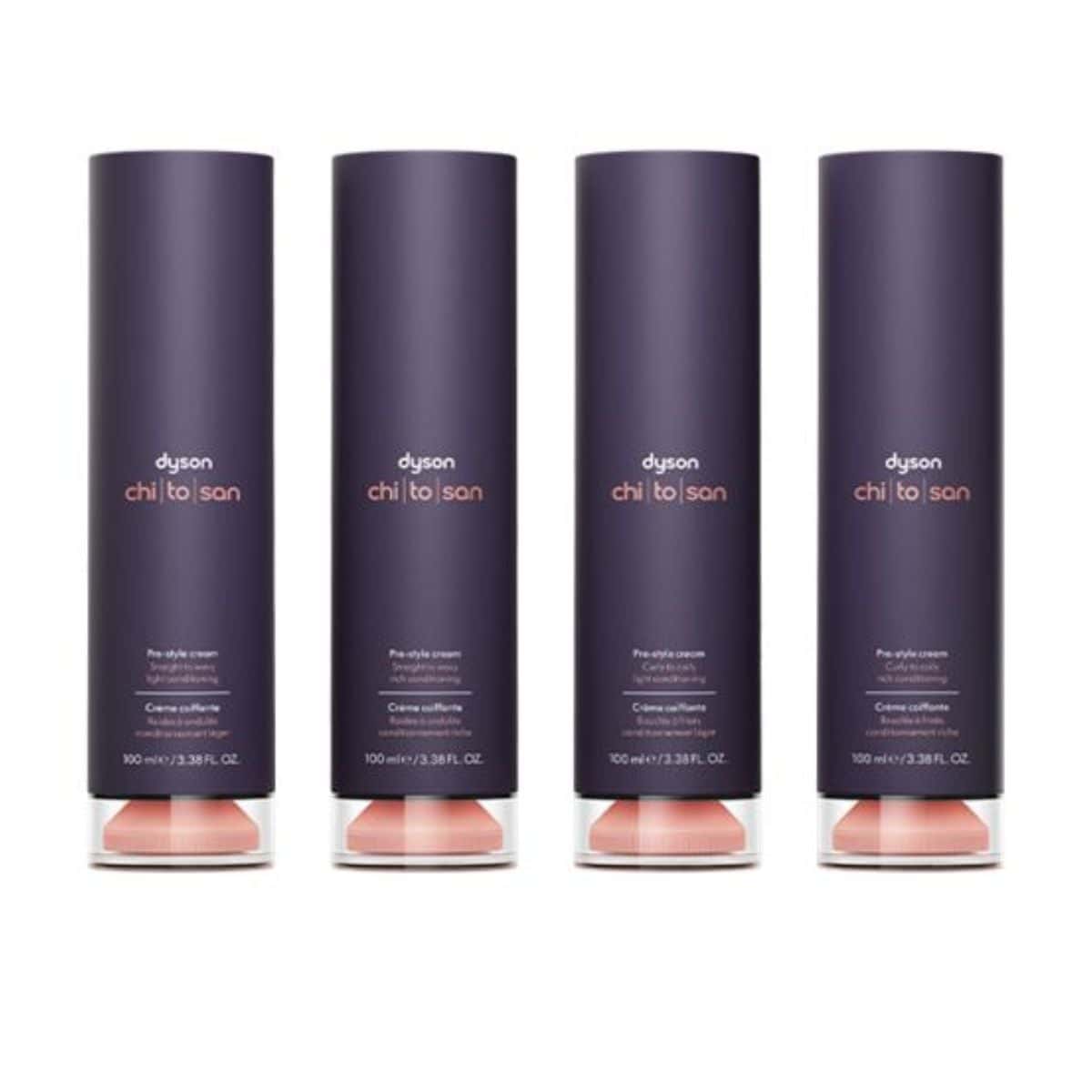 Four Dyson Chitosan™ Pre-Style Cream bottles in deep purple packaging with peach accents, displayed side by side to represent the four conditioning formulas.