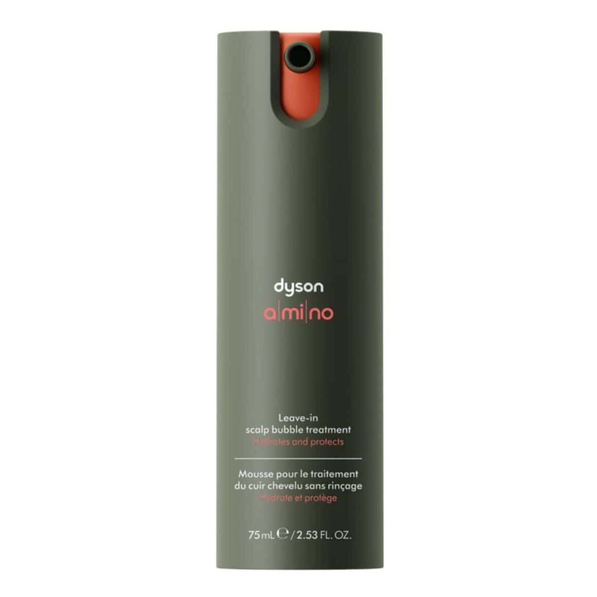 Dyson Amino™ Leave-In Scalp Bubble Treatment in a tall, matte green cylindrical bottle with coral accent detail, labeled 75 mL / 2.53 fl oz.