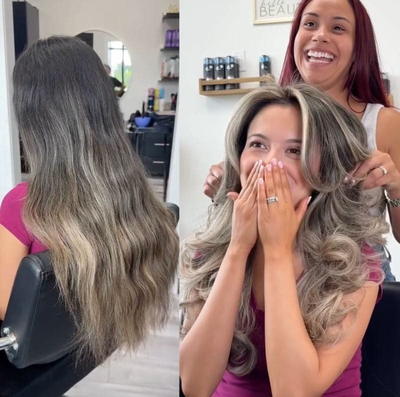 Before-and-after transformation showing dark hair lifted to dimensional blonde highlights.
