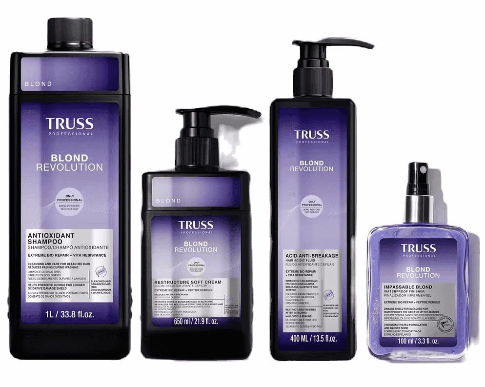 Four black and purple bottles from the Truss Professional Blond Revolution collection arranged by height: Antioxidant Shampoo (1L), Restructure Soft Cream (650ml), Acid Anti-Breakage (400ml), and Impassable Blond spray (100ml). Each product features "Bond Restore Technology" branding on sleek, professional packaging.