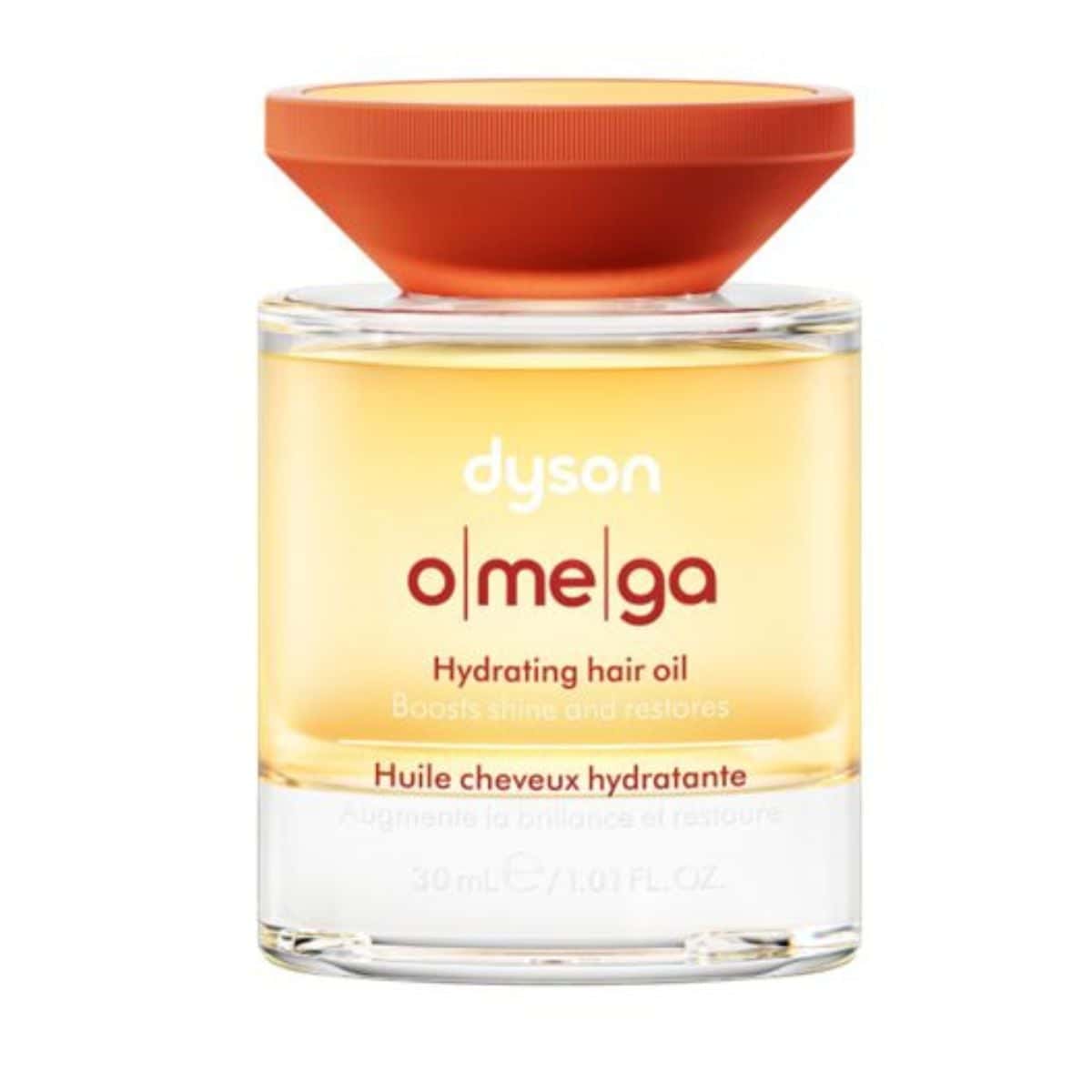 Dyson Omega™ Hydrating Hair Oil in a clear glass bottle with golden oil and a wide orange cap, labeled “dyson omega hydrating hair oil,” 30 mL.