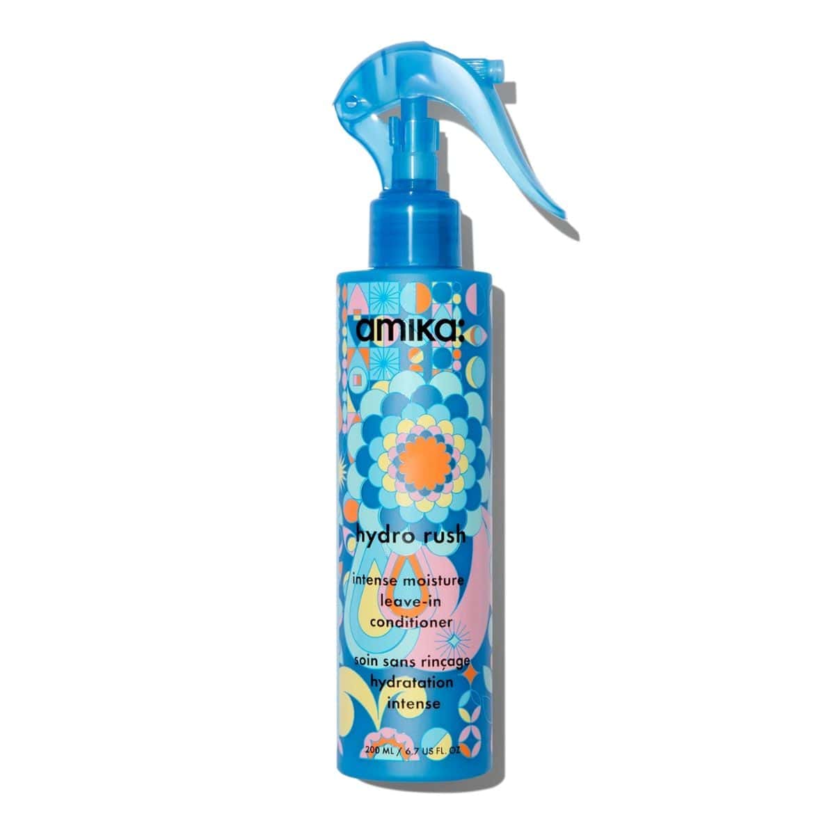 A photo of a blue bottle of amika hydro rush leave-in conditioner