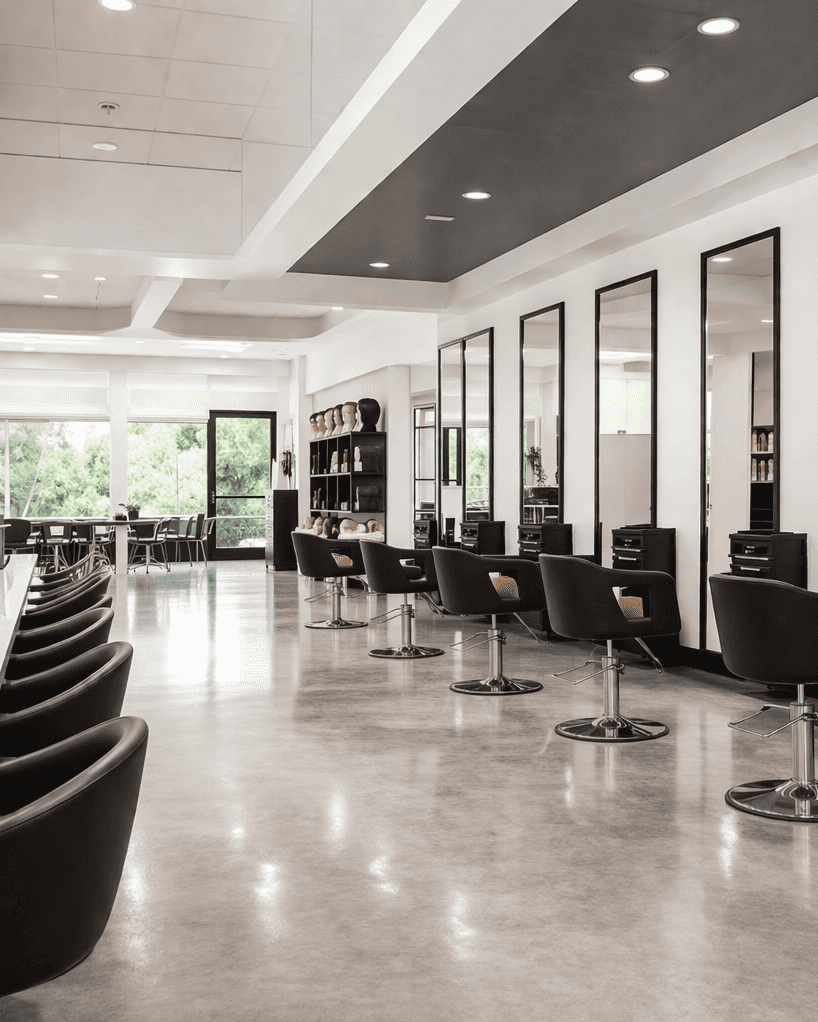Bright, modern cosmetology school salon with a row of styling chairs and tall mirrors, polished concrete floors, product shelves and large windows letting in natural light.