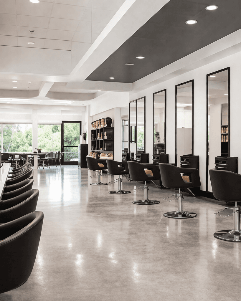 Bright, modern cosmetology school salon with a row of styling chairs and tall mirrors, polished concrete floors, product shelves and large windows letting in natural light.
